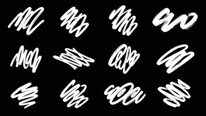 Fototapeta premium Set of White Scribble Brush Strokes on Black Background.