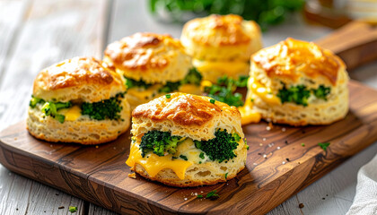 Broccoli and cheddar scones, presented professionally on a an elegant wooden board