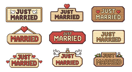 Obraz premium Just married wooden sign collection wedding vector cartoon illustration