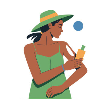 A woman in a green dress and hat applying sunscreen on a sunny day