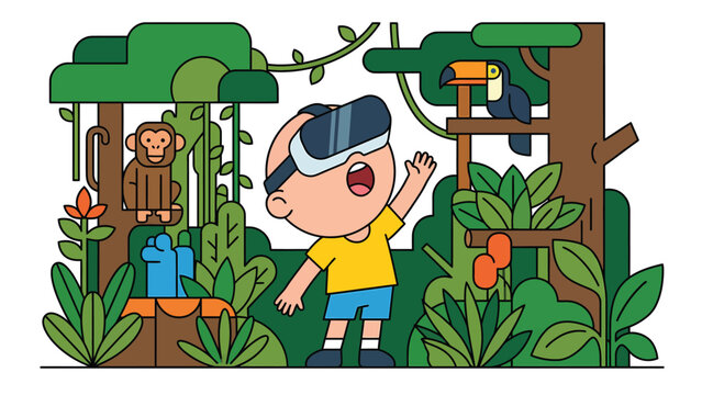 Child in VR headset exploring a virtual jungle landscape with exotic animals and plants, an immersive nature experience illustration