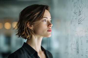 Fototapeta premium Thoughtful woman standing beside a whiteboard with sketches, representing ideas, planning, and problem solving