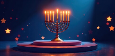 Circular stage, Hanukkah menorah, dreidels, stars, festive backdrop, sparkle, culture, podium
