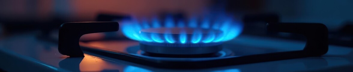 Clean blue flame on modern gas stovetop burner, fire, ignition