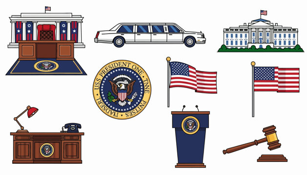 Collection of US government and presidential symbols, including the White House, flags, limousine, seal, desk, podium, and gavel.