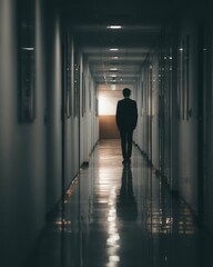 Fototapeta premium Lone person walking through an empty corridor, symbolizing direction, transition, and the path forward