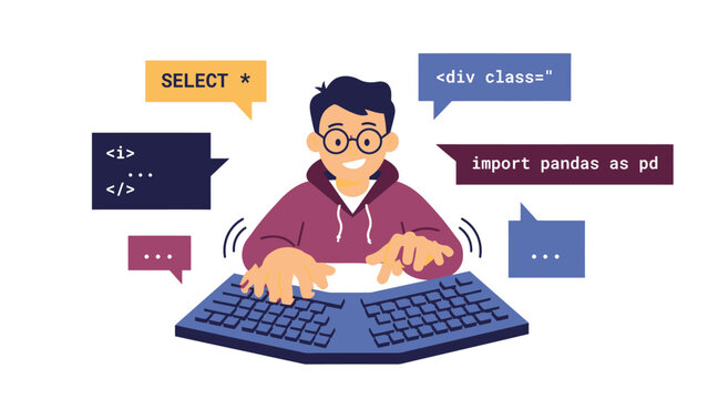 Software Developer Programming Concept. Man Typing Code with Various Language Snippets. Web Development Illustration.
