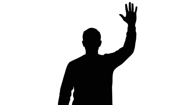 Silhouette of a person waving hello with their right hand.
