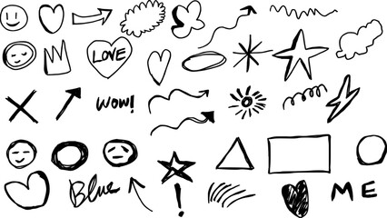 Hand-drawn doodle collection with hearts, arrows and playful elements in black
