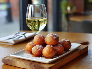 Dessert fritters with powdered sugar and wine glass