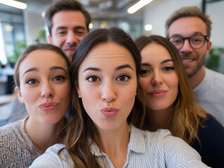 Obraz premium Cheerful young colleagues taking a fun group selfie
