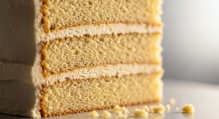 Fototapeta premium Close-up of a freshly baked vanilla layer cake slice with creamy white frosting, crumbs on a bright surface, highlighting texture.