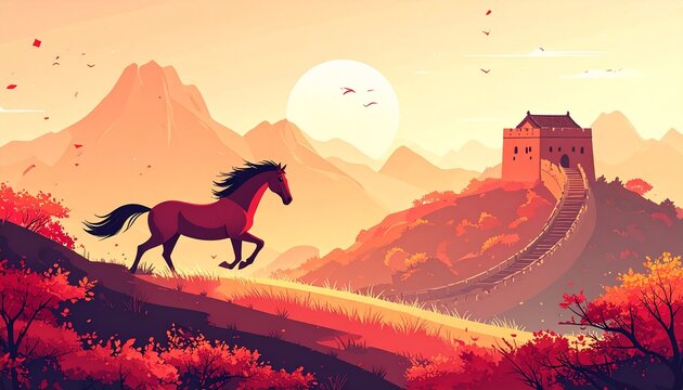 Majestic horse runs across a vibrant hillside near a historical Chinese watchtower at sunset symbolizing travel adventure and freedom in Asia chinese new year. shio horse