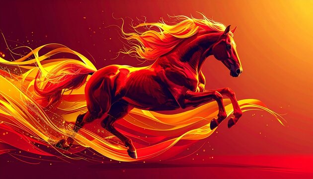 Spectacular digital painting of a powerful running horse engulfed in vibrant red orange and yellow flames expressing explosive energy speed and dynamic motion chinese new year. shio horse