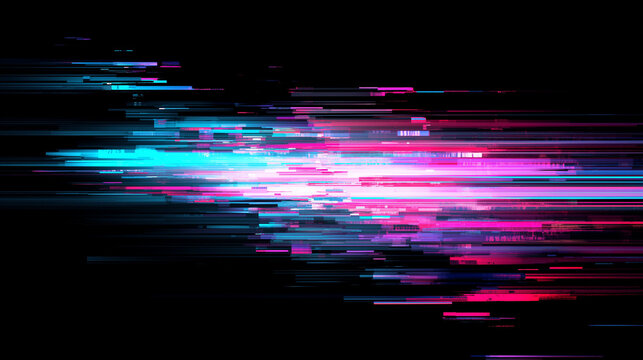漆黒の空間を鮮やかなネオンの閃光が水平に突き抜けるスピード感あふれるグリッチ抽象背景