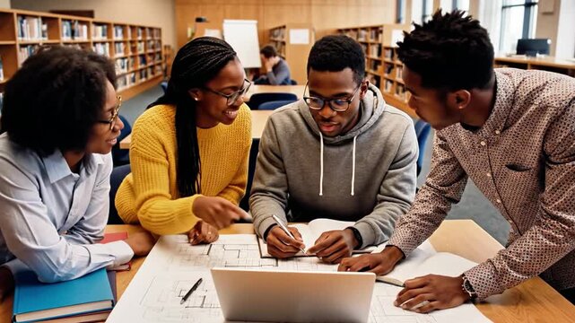 A group of four diverse students gathered around a table in a library, engaged in a collaborative study session with laptops and books