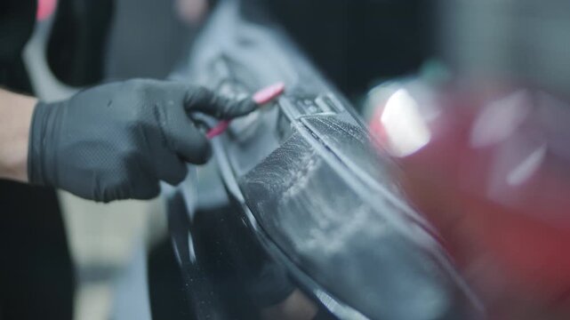 Professional mechanic wiping rear bumper of black luxury SUV with microfiber cloth. Worker cleaning car trunk area with toolbox and equipment placed on the open tailgate