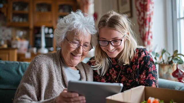 Community Support Worker Helping Senior Use Tablet at Home