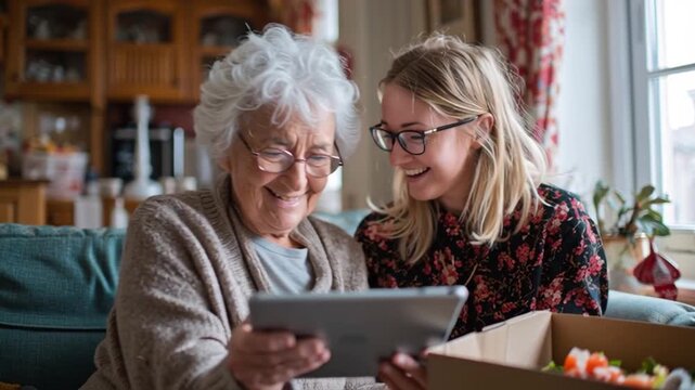 Community Support Worker Helping Senior Use Tablet at Home