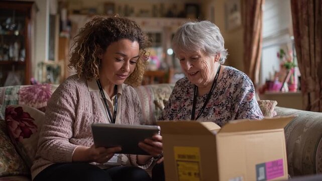 Community Support Worker Helping Senior Use Tablet at Home