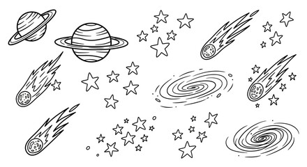 Hand drawn space elements collection with planets and stars. © Dika