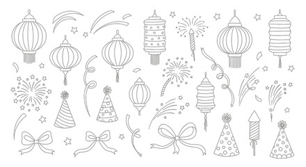 Fototapeta premium Hand-Drawn Celebration Elements - Lanterns, Fireworks, and Party Decorations.