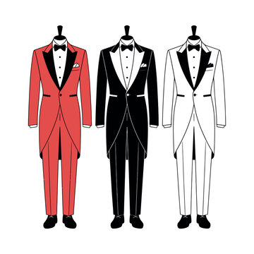 Three elegant tuxedos in red, black, and white on display against a clean white background