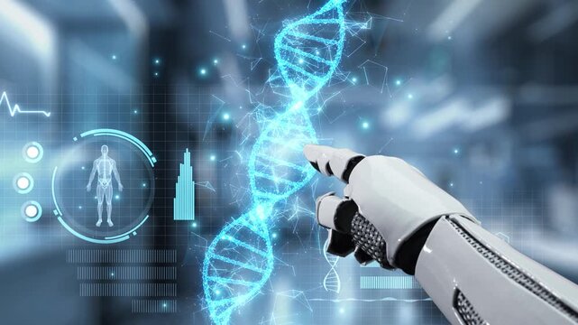 Close up of robotic hand pointing and tapping at DNA hologram with blur laboratory background. Robotic hand clicking at DNA icon to access and connect medical data to diagnosis symptom. Salubrious.