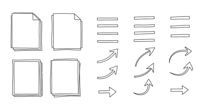 Hand-Drawn UI Elements - Documents, Menus, and Arrows.