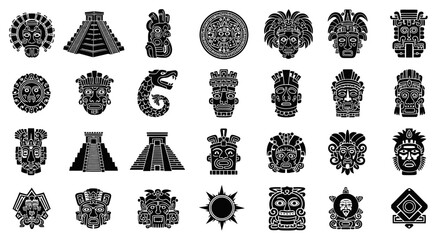 Collection of ancient Mesoamerican cultural symbols, including Mayan and Aztec masks, pyramids, and deity representations in black and white. © Muhammadagil