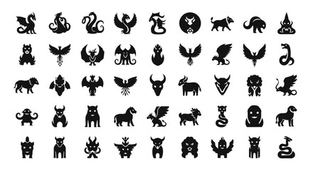 Collection of black silhouette icons depicting various mythical creatures, fantasy monsters, and legendary beasts from folklore and mythology. © Muhammadagil