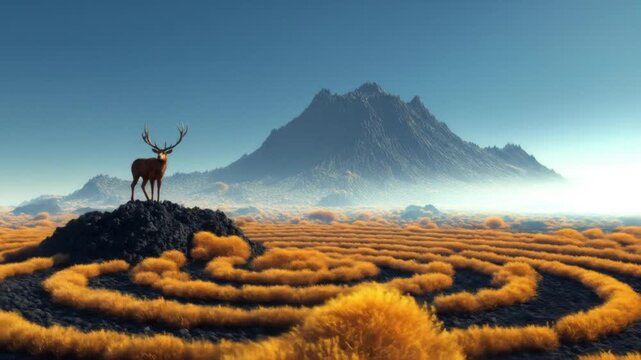 A regal elk stands atop a rock formation overlooking a field of glowing orange spirals