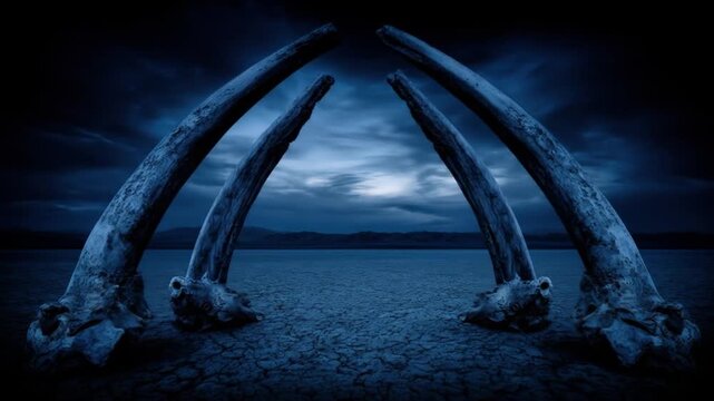 A moody, eerie landscape features skeletal remains under a stormy, twilight sky