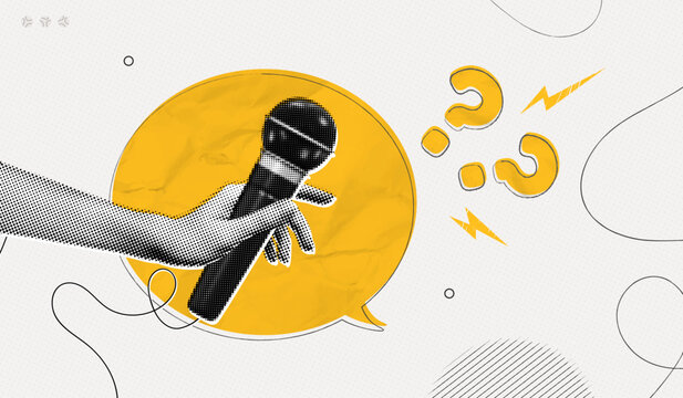 Trendy Halftone Collage Hand with Microphone asks questions. Social media survey. Online interview with journalist. Press conference. Contemporary vector illustration art
