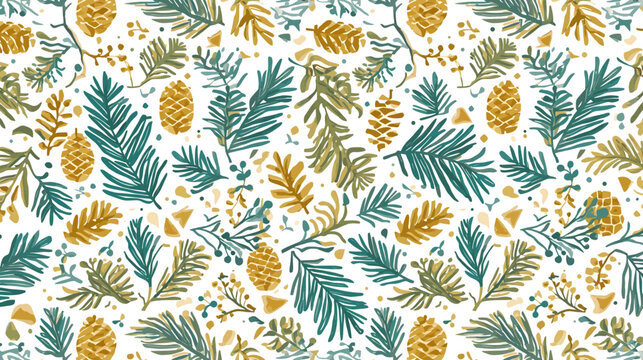 Tropical leaf and pinecone pattern with green, gold, and white colors