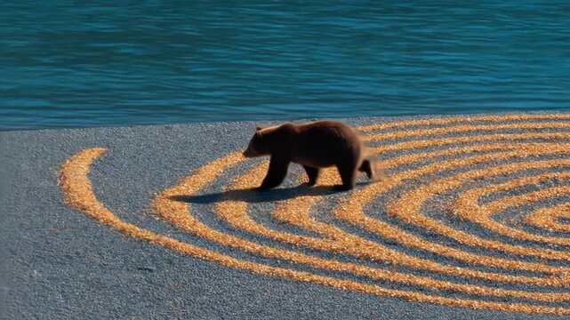 A brown bear walks on a beach with golden-colored lines, with water in the background