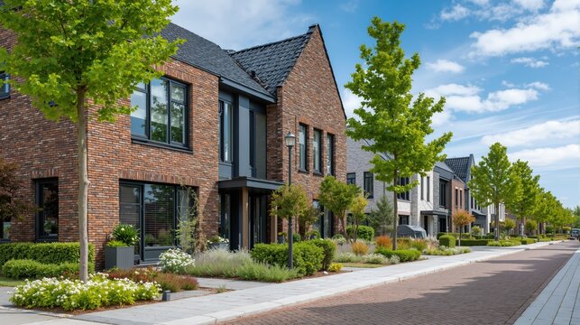 Modern brick houses on a residential street in a new suburban neighborhood. Contemporary real estate property development with landscaped gardens