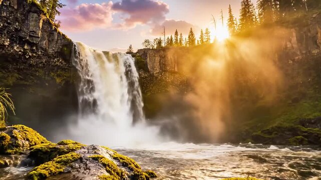 A serene waterfall cascades down a rocky cliffside, surrounded by lush greenery and illuminated by warm sunlight filtering through trees