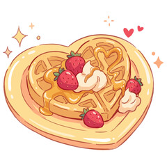 Cute strawberry heart waffle dessert hand drawn illustration