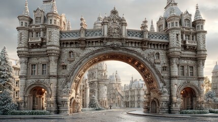 Magnificent stone archway bridge with gothic architecture and snow covered trees