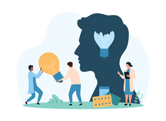 Fototapeta premium Mental health, stress, emotional burnout and anxiety management ideas, psychotherapy. Tiny people replace dark broken light bulb with bright lamp inside human head cartoon vector illustration