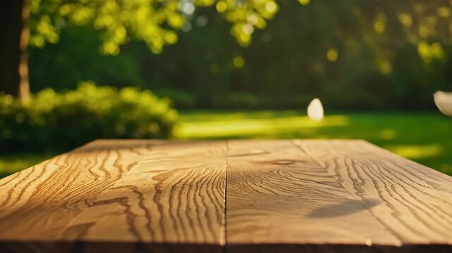 Wooden Table Surface Bathed in Golden Sunlight Outdoors with Lush Green Garden Background