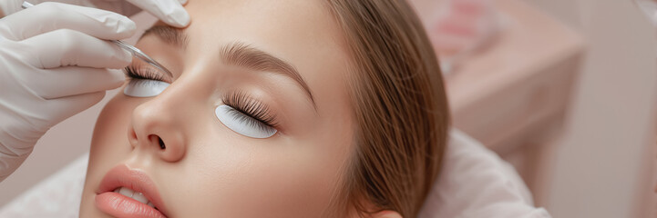 A close-up of a technician applying eyelash extensions to a woman with tweezers in a beauty salon