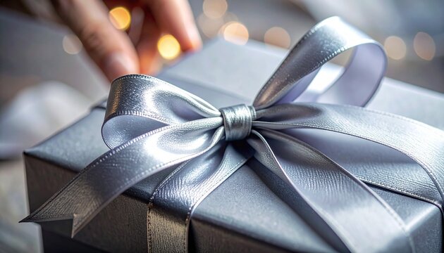 Elegant silver gift box with a large metallic satin ribbon bow being opened by a person against soft glowing bokeh lights perfect for Christmas New Year and anniversary celebrations perfect any