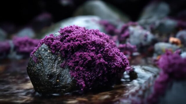 Close-up of water flowing around a rock covered in purple, sponge-like life. Dark, blurry background