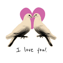  Romantic vintage-style collage featuring two doves facing each other in front of a pink heart. Halftone cut-out effect inspired by retro newspaper prints and pop art. Perfect for love, romance, Valen