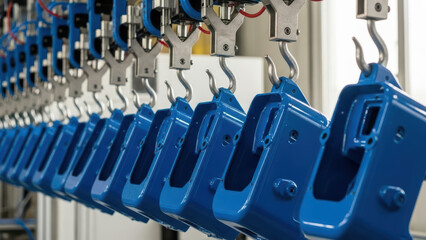 Fototapeta premium Shiny blue metal parts hanging on automated conveyor line in modern industrial plant, freshly coated components drying in row inside bright manufacturing workshop