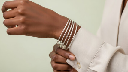 Naklejka premium Elegant minimalist silver bangles on wrist of stylish person adjusting sleeve, closeup of modern jewelry accessory against soft neutral background