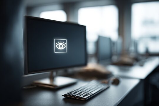 Empty control desk with a small eye icon softly glowing on a blank monitor, monitoring state without action