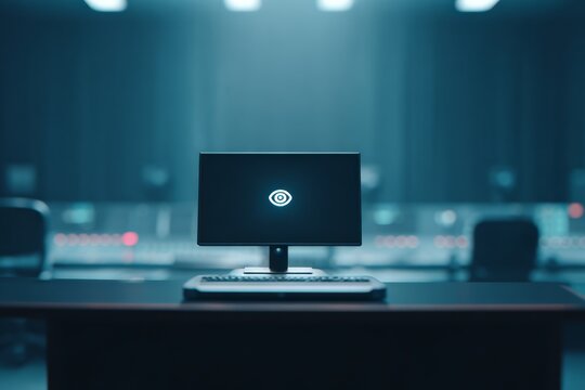 Empty control desk with a small eye icon softly glowing on a blank monitor, monitoring state without action